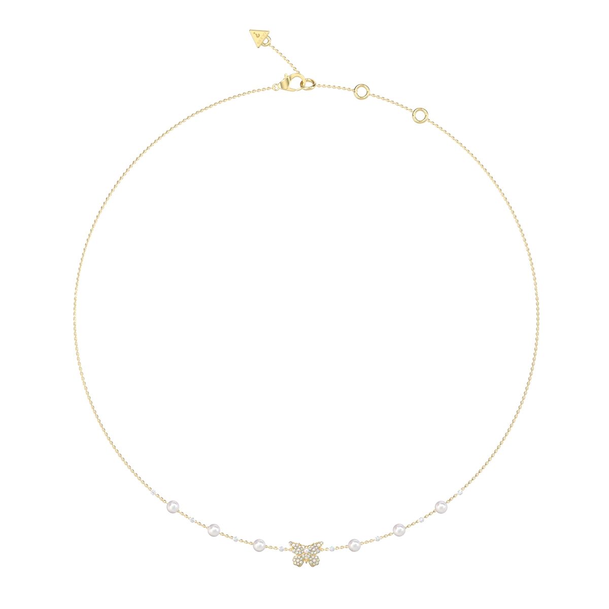 Gouden Guess dames ketting met elegante details en parels, vooraanzicht.