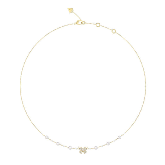 Gouden Guess dames ketting met elegante details en parels, vooraanzicht.