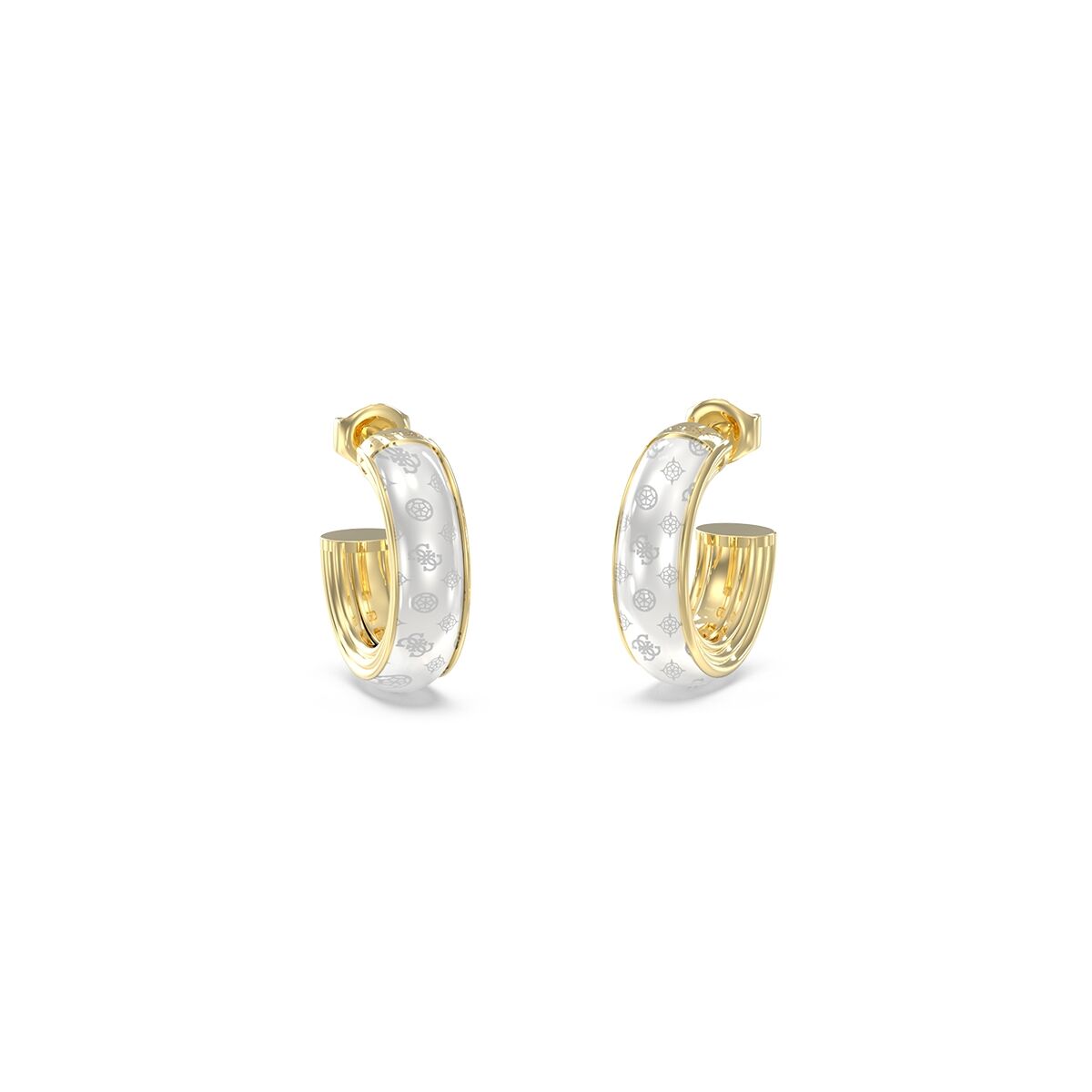 Gouden Guess oorbellen met elegante design en witte accenten.