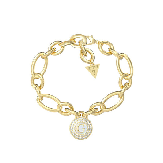 Gouden Guess armband met schakelontwerp en opvallende G-hanger.
