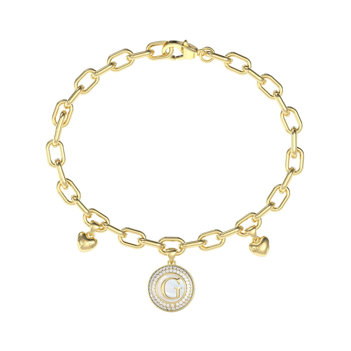 Gouden Guess armband met elegante afwerking en hartvormige bedels.