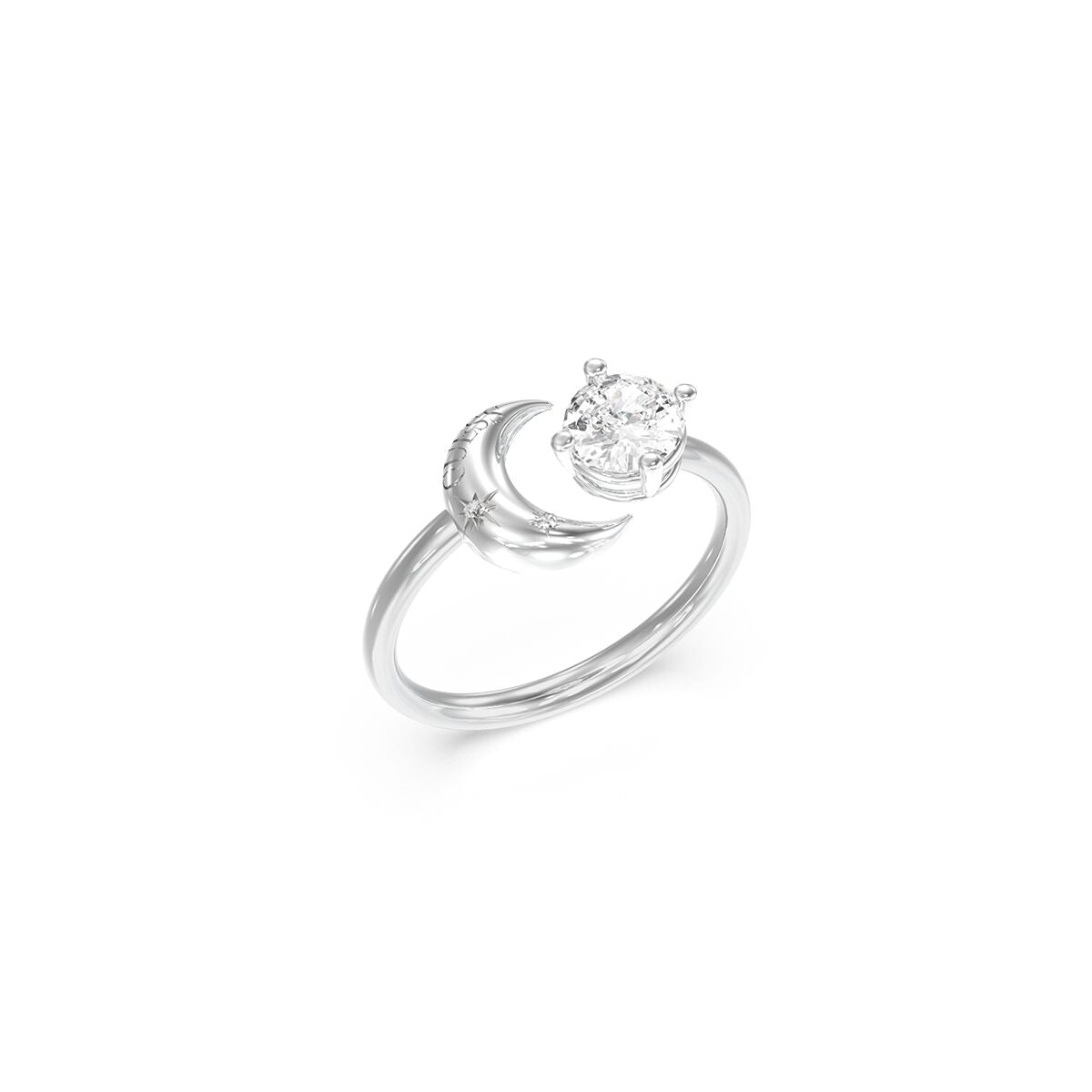 Zilverkleurige Guess ring met een elegante maan- en sterontwerp en een sprankelende steen.