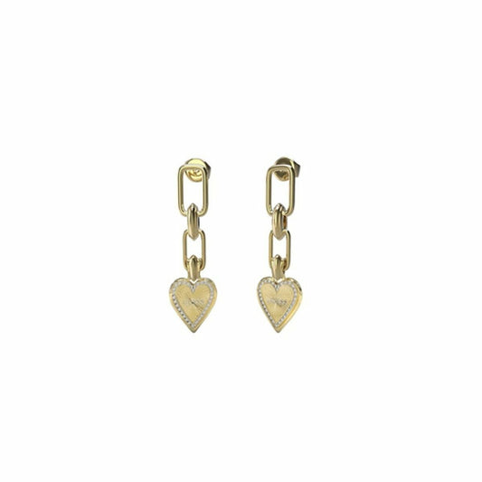 Trendy gouden Guess oorbellen met hartvormige hangers en strass details.