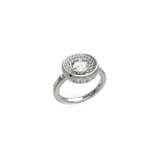 Stijlvolle Guess ring voor dames met een grote, sprankelende steen en een zilverkleurige band.