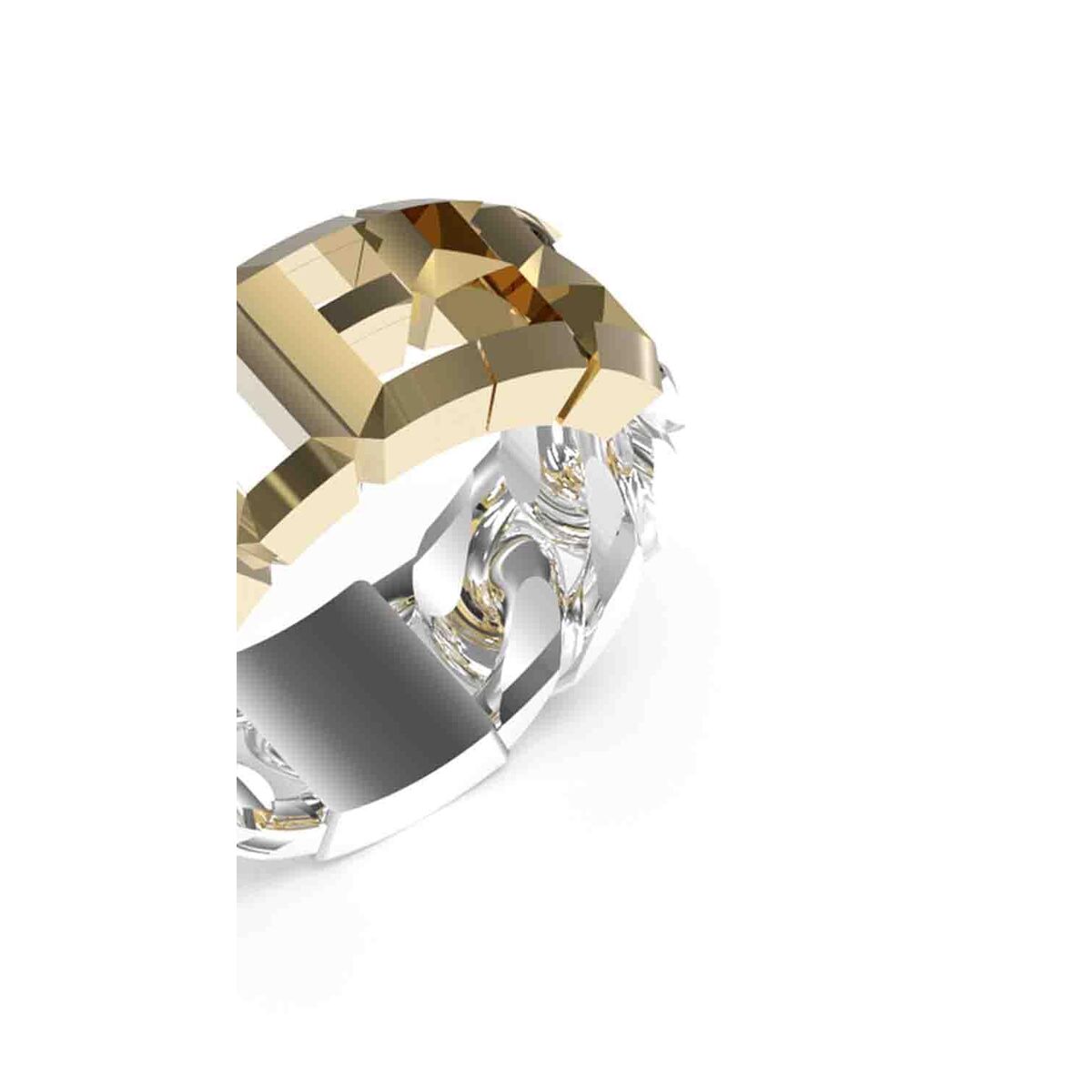 Detail van de zilverkleurige Guess ring met gouden accenten en elegant design.