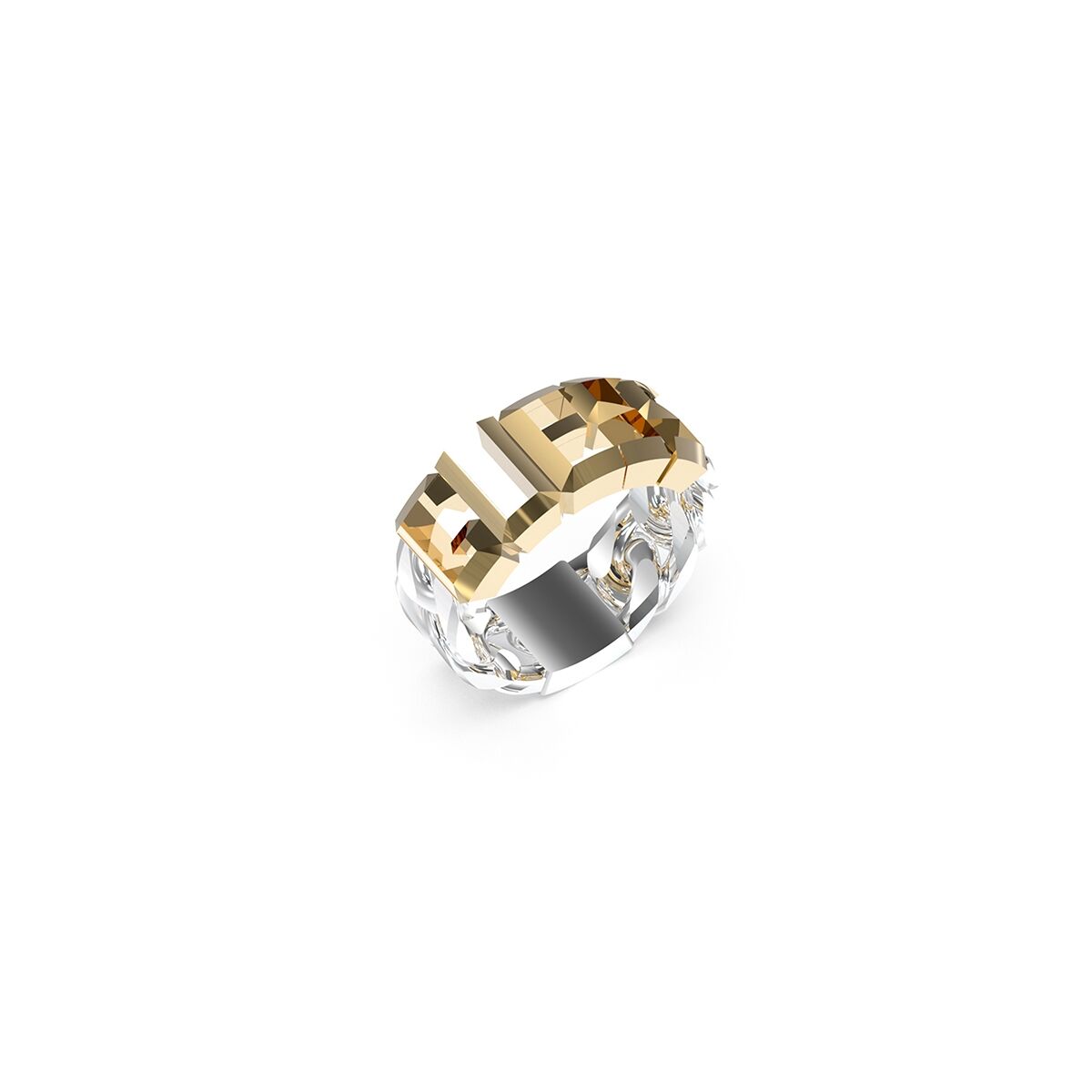 Zilverkleurige Guess damesring met gouden elegant design en opvallende letters.