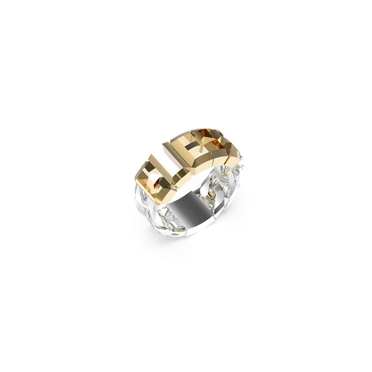 Zilverkleurige Guess damesring met gouden elegant design en opvallende letters.