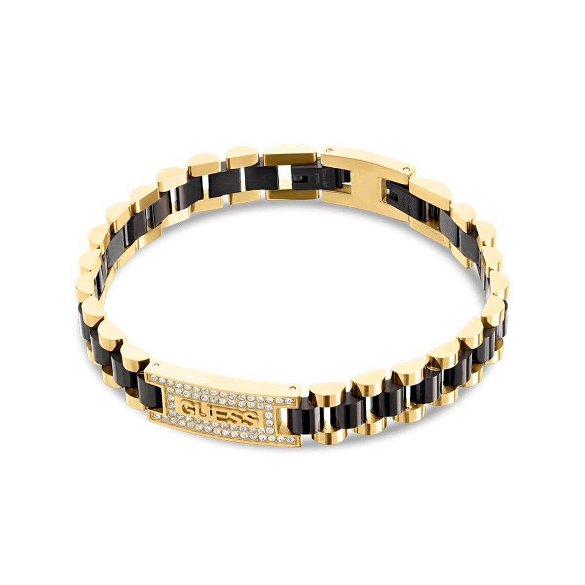 Zwarte en gouden Guess armband met elegante afwerking en sprankelende details.