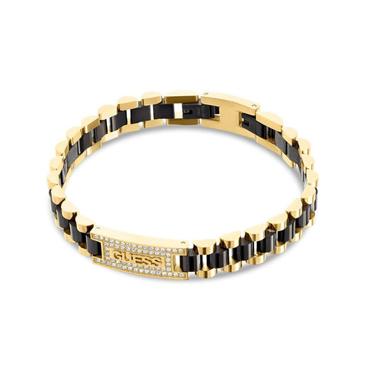 Zwarte en gouden Guess armband met elegante afwerking en sprankelende details.