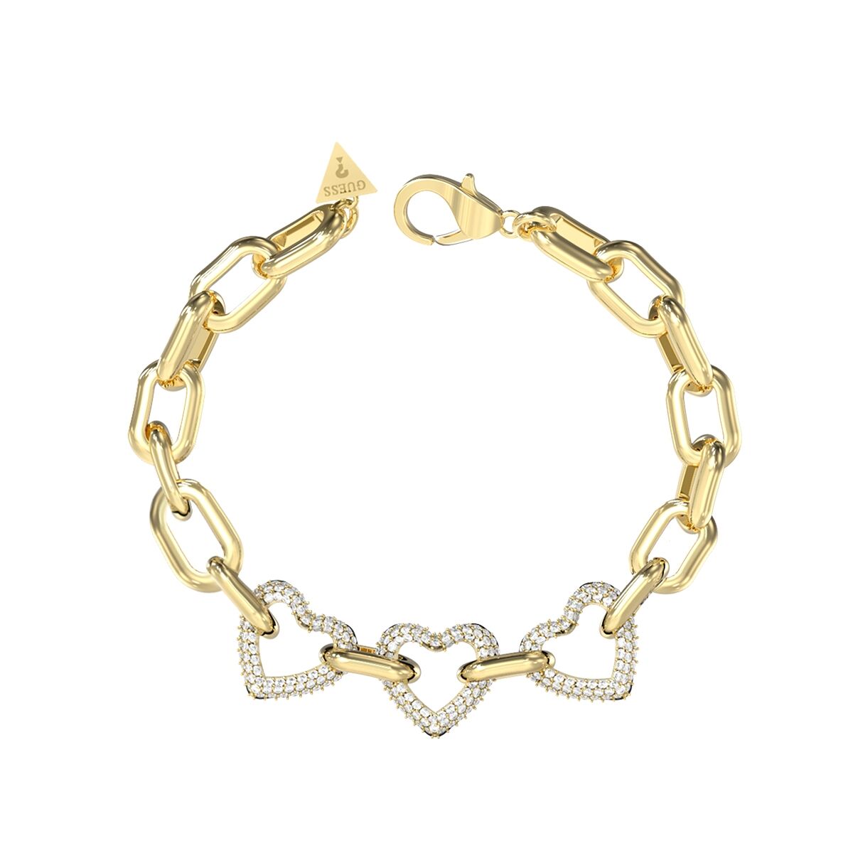 Gouden Guess armband met hartvormige details en sprankelende stenen.