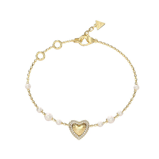 Gouden Guess armband met hartvormige hanger en parel-details.