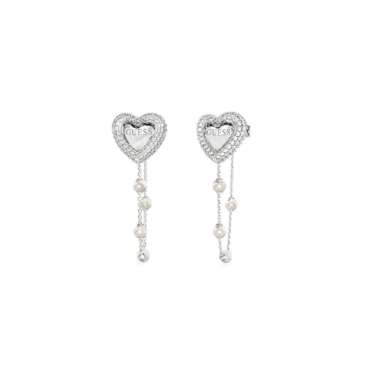 Zilverkleurige Guess oorbellen met hartvorm en pareldetails, elegant design.