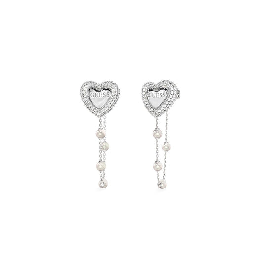 Zilverkleurige Guess oorbellen met hartvorm en pareldetails, elegant design.