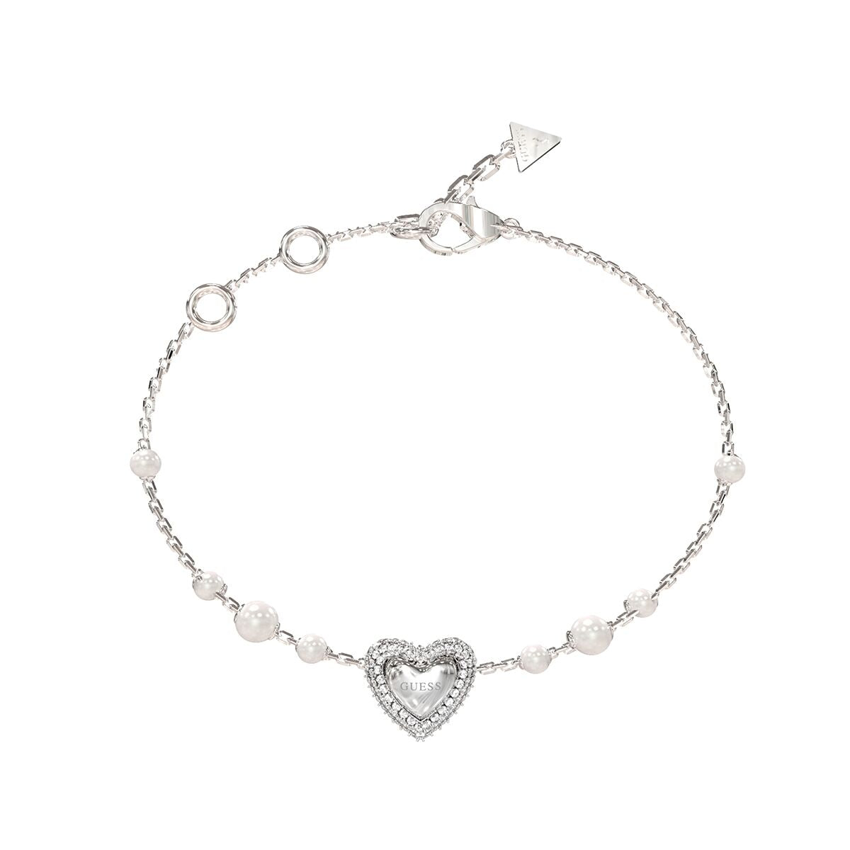 Zilverkleurige Guess armband met hartvormige bedel en pareldetails.