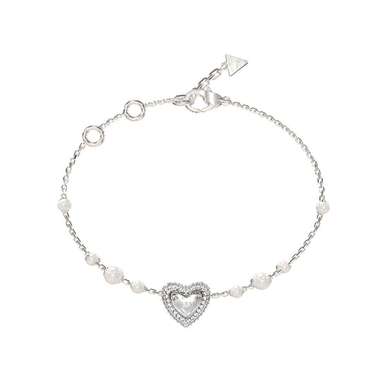 Zilverkleurige Guess armband met hartvormige bedel en pareldetails.