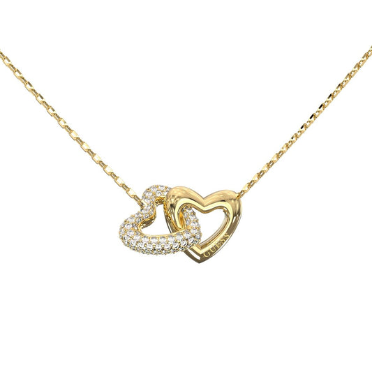 Gouden Guess ketting met twee hartvormige bedels, versierd met sprankelende stenen.