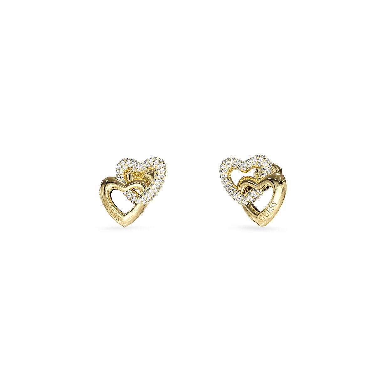 Gouden Guess oorbellen met elegant hartontwerp en glinsterende details.