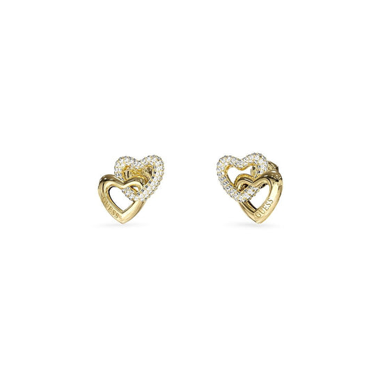 Gouden Guess oorbellen met elegant hartontwerp en glinsterende details.