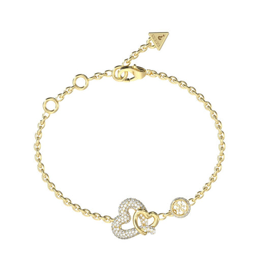 Gouden Guess armband met elegante hartdetails en sprankelende stenen.