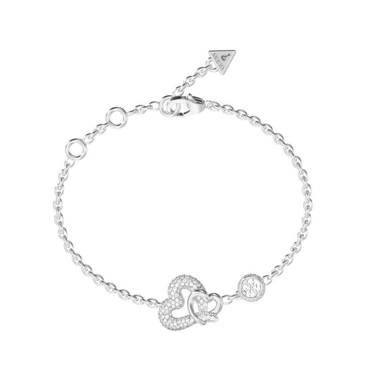 Zilverkleurige Guess armband voor dames met hartvormige details en glinsterende steentjes.