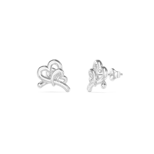 Zilverkleurige Guess oorbellen met elegant knoopdesign, perfect voor elke gelegenheid.