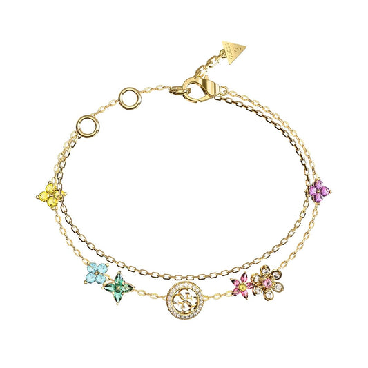 Gouden Guess armband met kleurrijke stenen, elegant en tijdloos ontwerp.