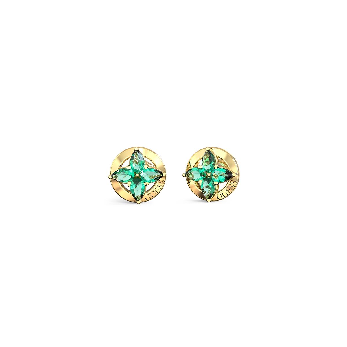 Groene Guess oorbellen met elegante gouden details en trendy ontwerp.