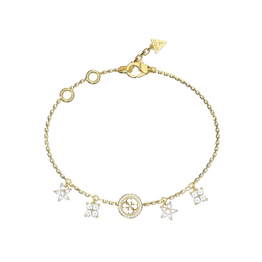 Gouden Guess armband met elegante hangers en sprankelende details.