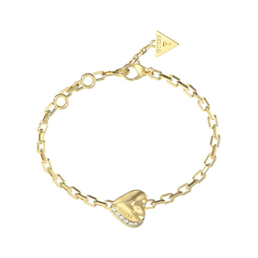Gouden Guess armband met hartvormige hanger en glinsterende details.