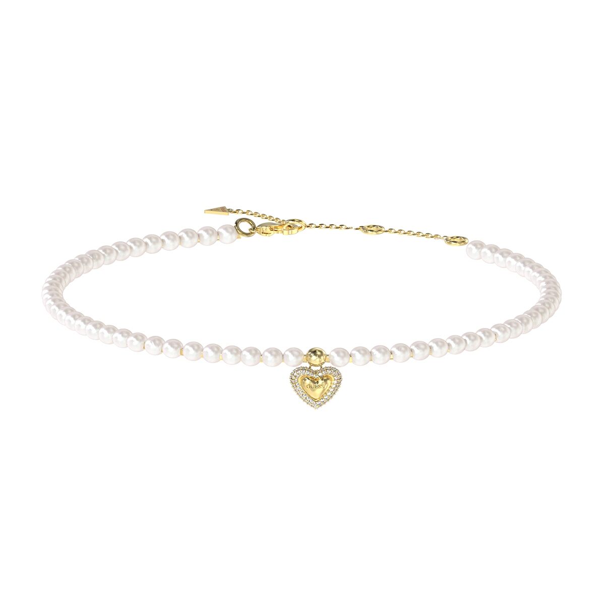 Witte Guess armband voor dames met gouden hartje als opvallend detail.