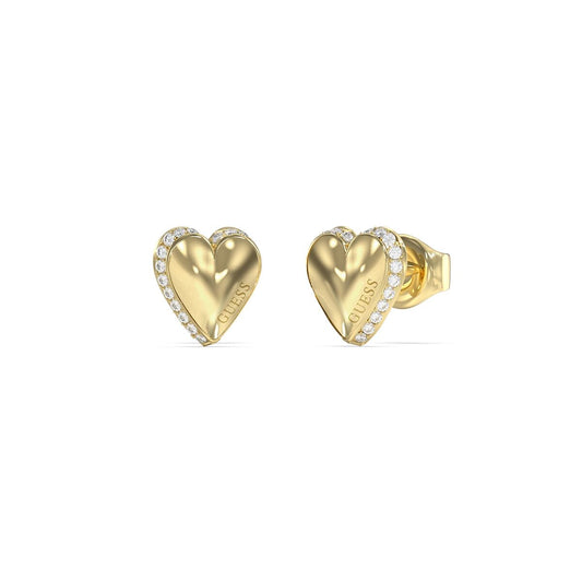 Gouden Guess oorbellen in hartvorm met sprankelende details.