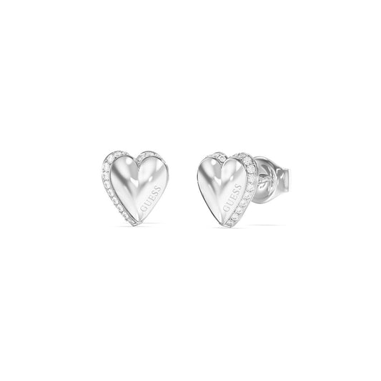Zilverkleurige Guess oorbellen in hartvorm met glinsterende details.