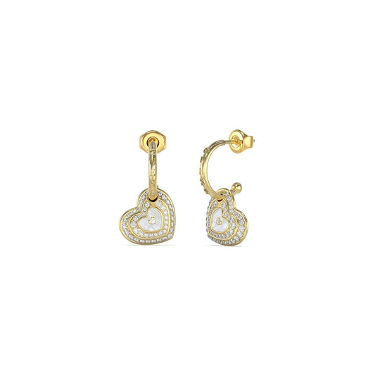 Gouden Guess oorbellen met hartvorm en sprankelende details, elegant ontwerp.