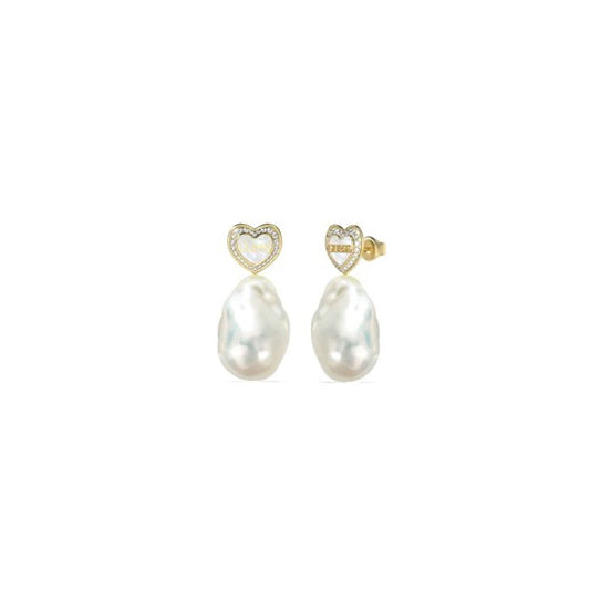Elegante Guess oorbellen met parelvormige hangers en hartvormige studs.