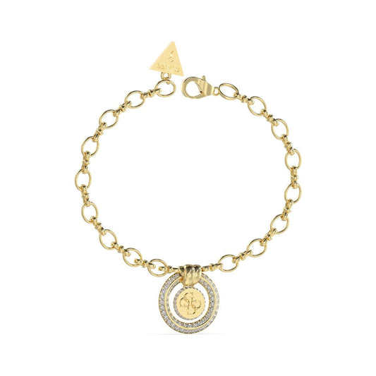 Gouden Guess armband voor dames met elegante schakelketting en een opvallende hanger.