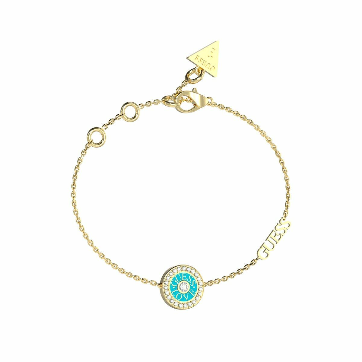 Gouden Guess armband met een tijdloos design en turquoise accent.