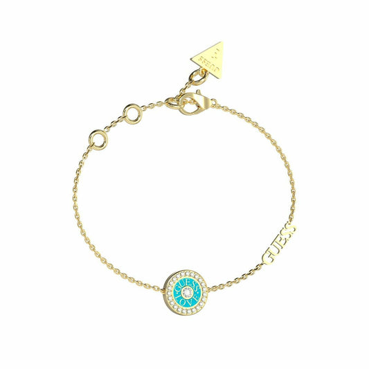 Gouden Guess armband met een tijdloos design en turquoise accent.