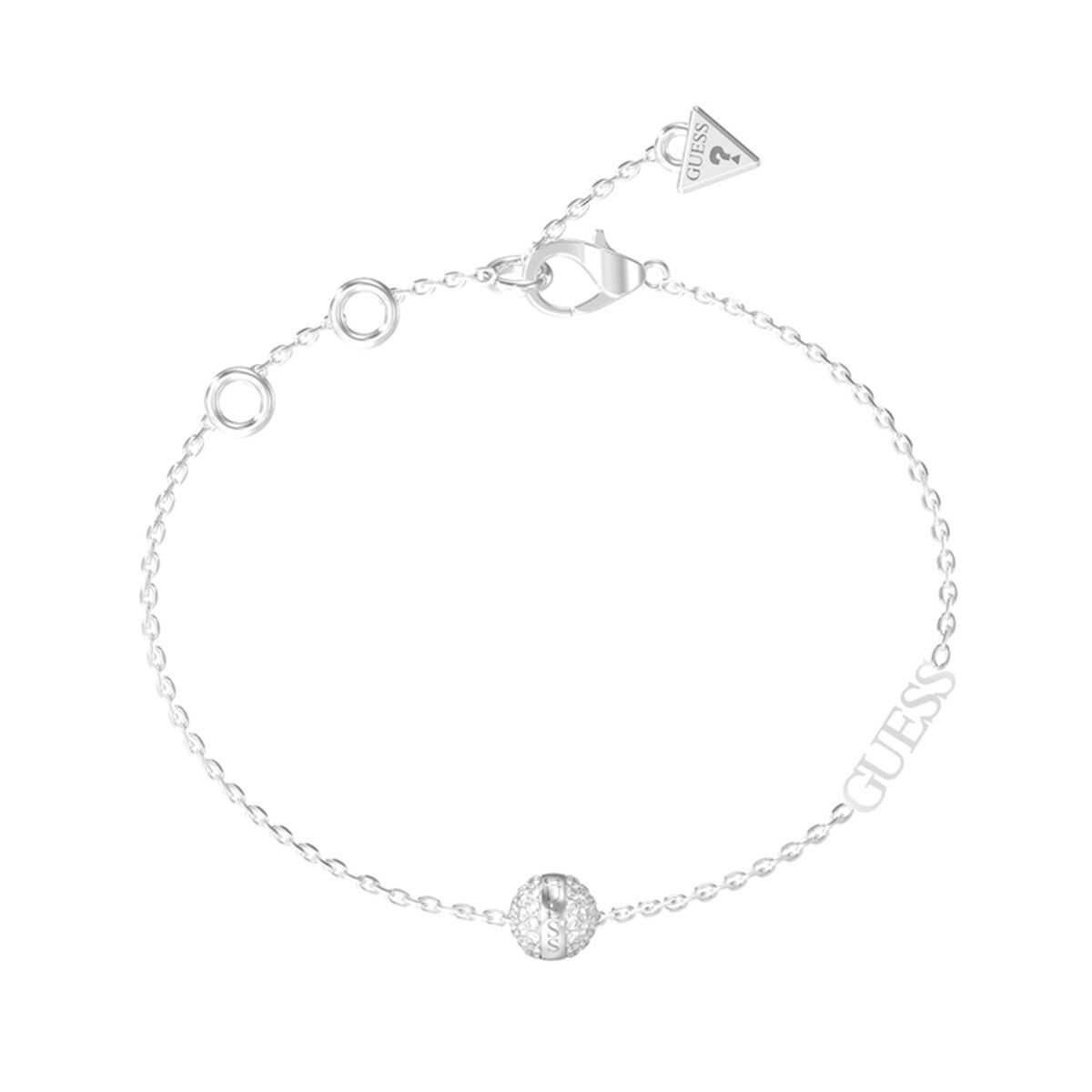 Zilverkleurige Guess armband voor dames met elegante schakels en logo.