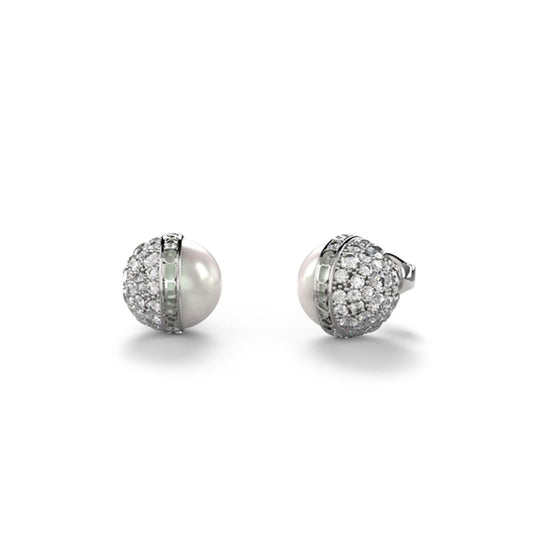 Zilverkleurige Guess oorbellen met elegante parel en sprankelende details.