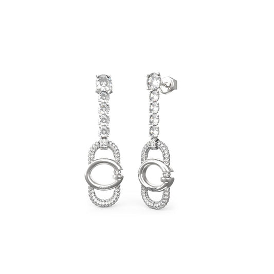 Zilverkleurige Guess oorbellen met trendy ontwerp en sprankelende details.