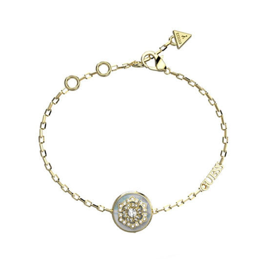 Gouden Guess armband JUBB04549JWYGS met elegante bloemvormige hanger en glinsterende details.
