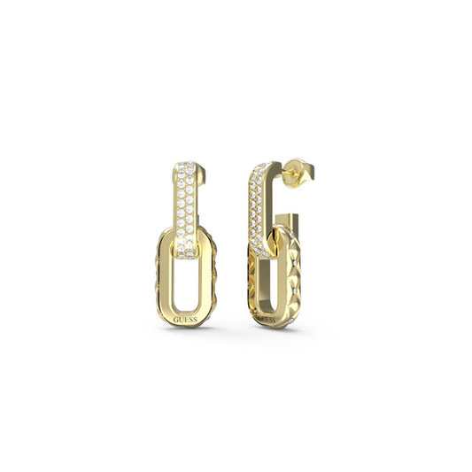 Gouden Guess oorbellen met elegante schakel en fonkelende details.