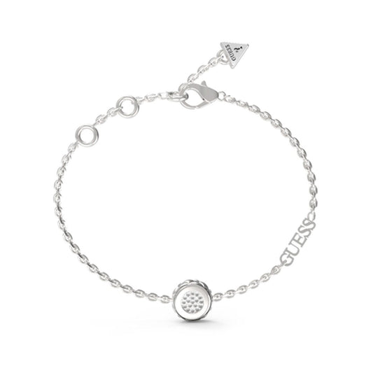 Zilverkleurige Guess armband voor dames met elegante schakels en logo.
