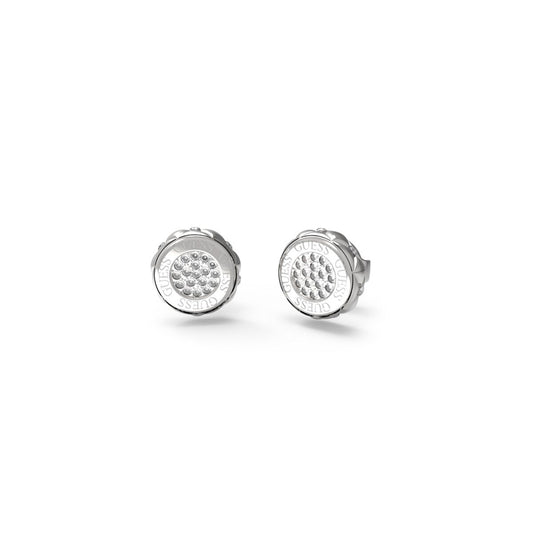 Zilverkleurige Guess oorbellen met elegante, ronde vorm en sprankelende details.