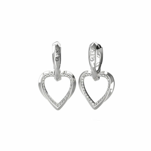 Zilverkleurige Guess oorbellen in hartvorm met sprankelende details.