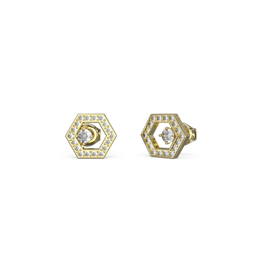 Gouden Guess oorbellen met hexagonaal ontwerp en sprankelende stenen.