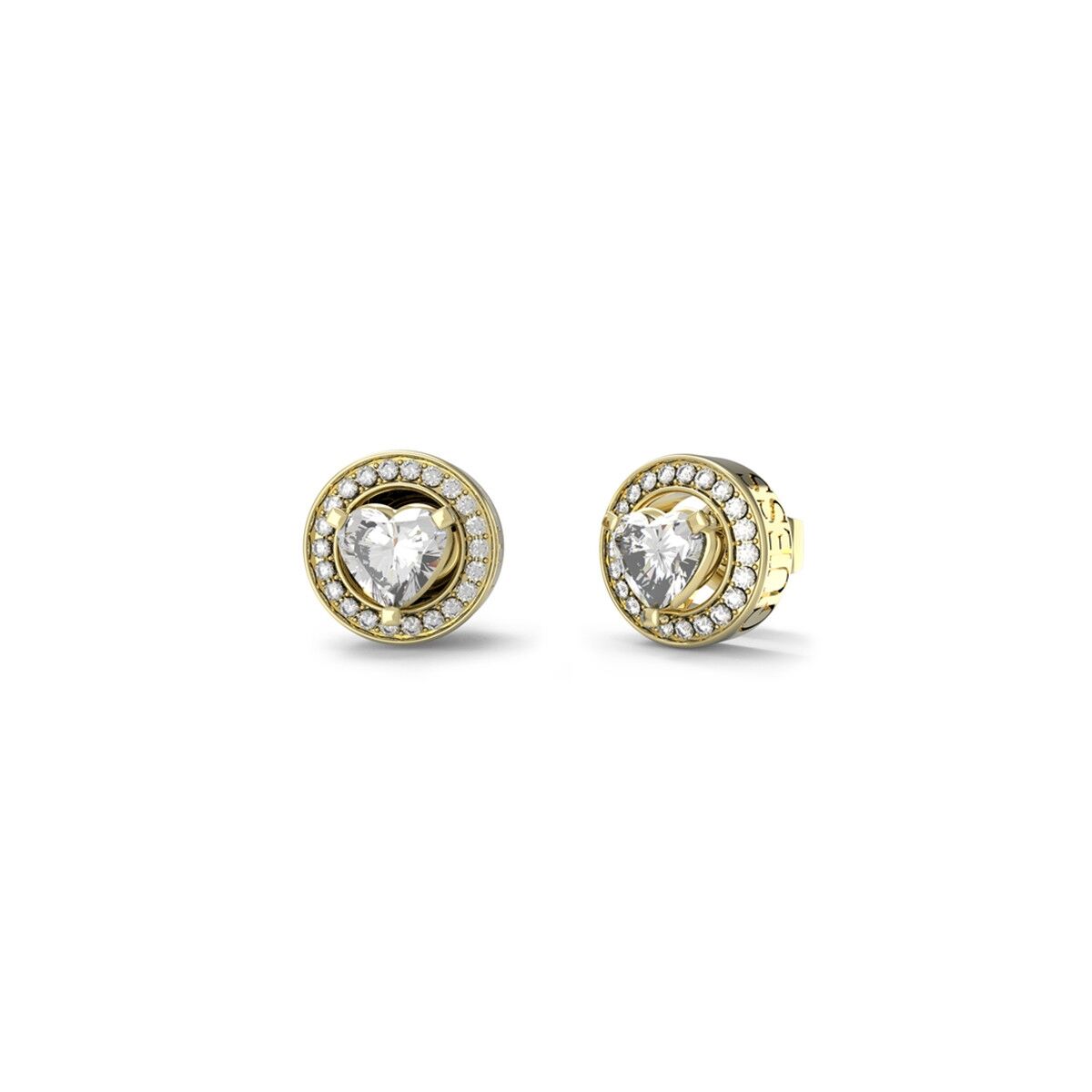 Gouden Guess oorbellen met een hartvormige steen en sprankelende details.