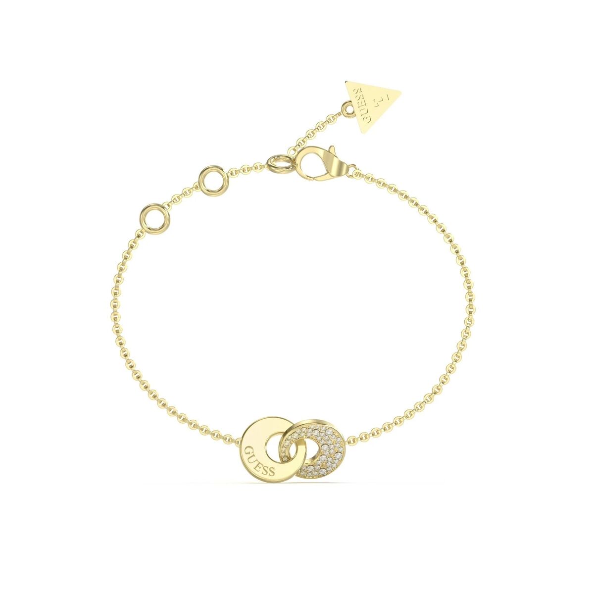 Gouden Guess damesarmband met elegante schakel en glinsterende details.