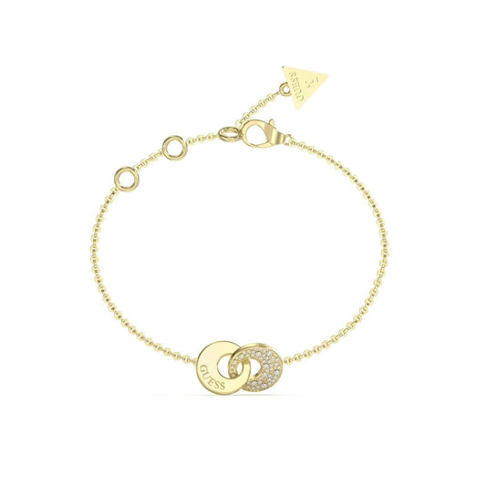 Gouden Guess damesarmband met elegante schakel en glinsterende details.