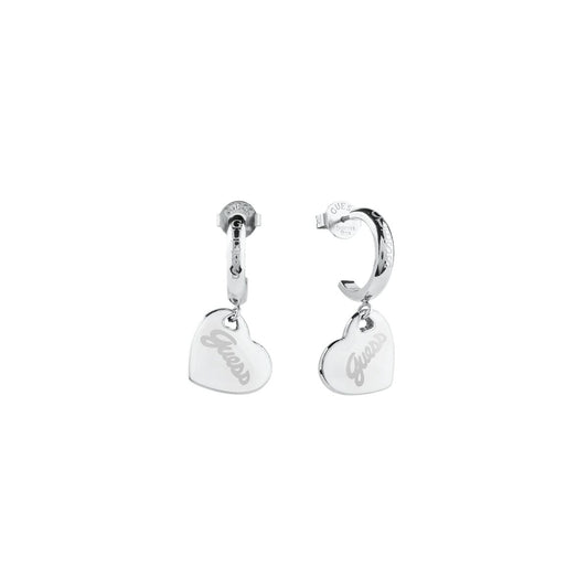 Zilverkleurige Guess oorbellen met hartvormige hanger, elegant ontwerp voor dames.